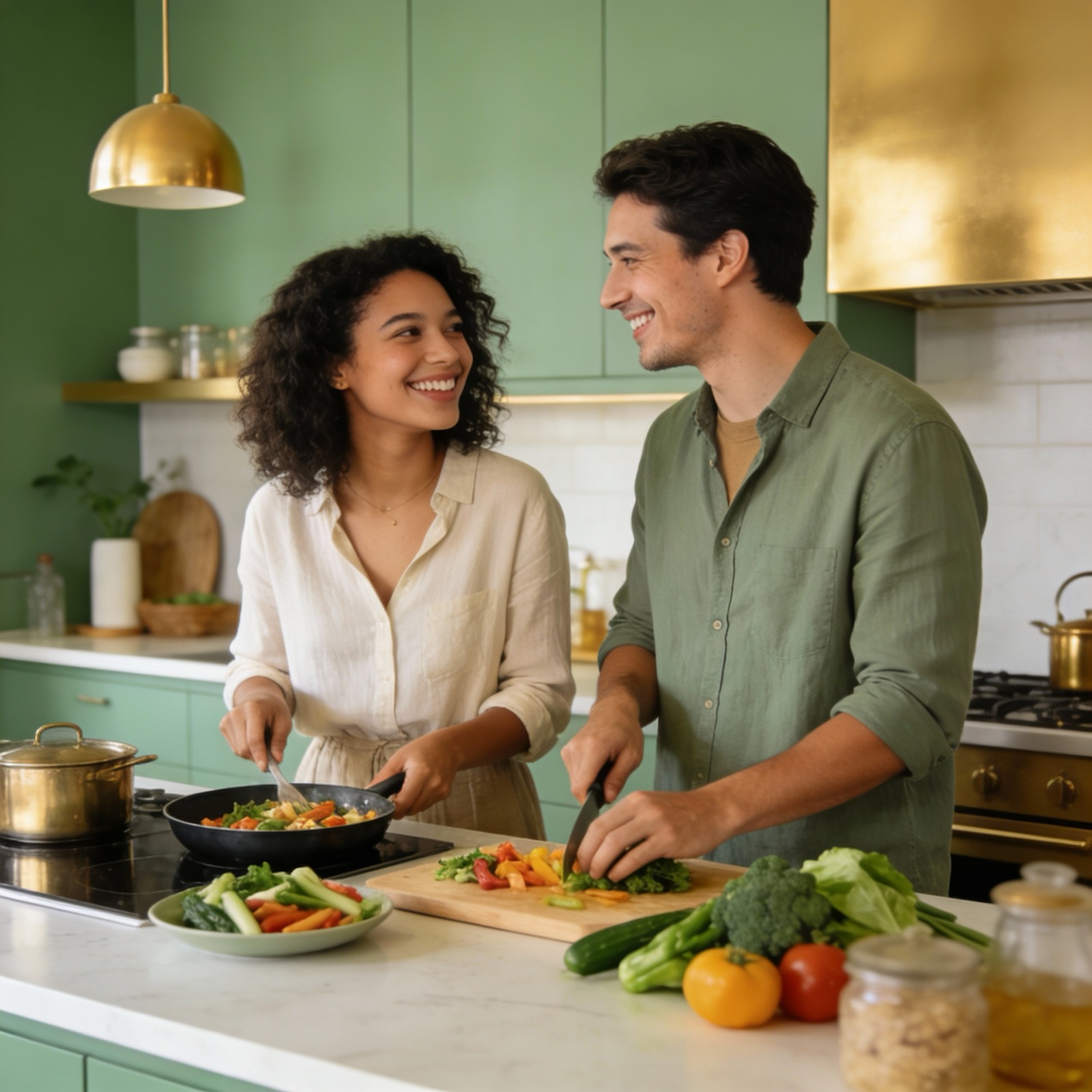 A couple preparing a healthy meal together at home