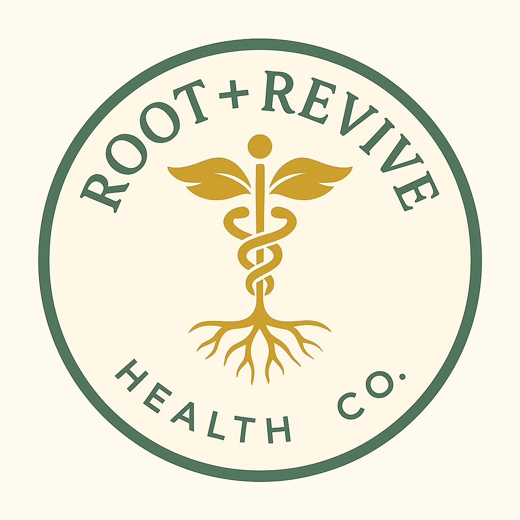 Root + Revive Health Co. brand mark — a golden caduceus growing from roots