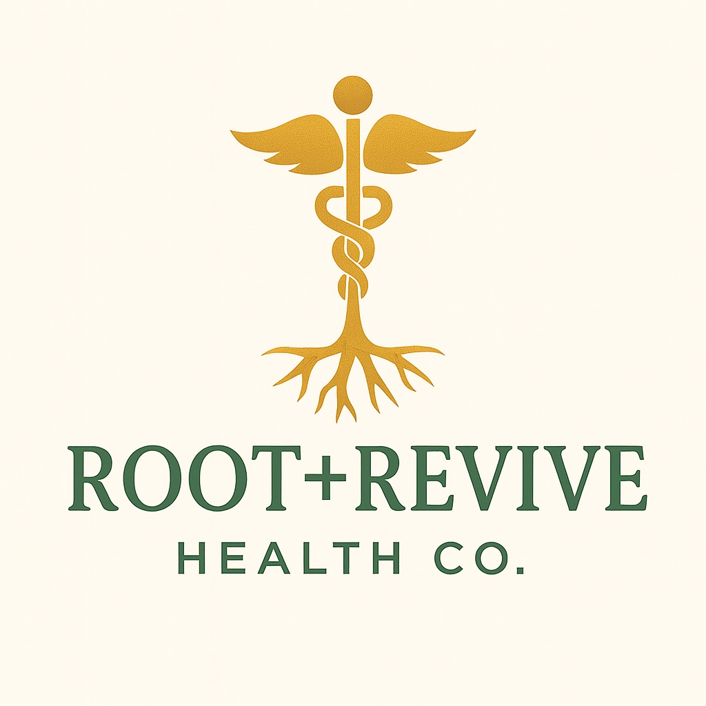 Root + Revive Health Co. logo — a golden caduceus blending into roots